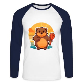 Beaver Funny Cartoon Kawaii Beach Illustration - Unisex Long Sleeve Baseball T-Shirt - white/navy - Front - Nik (191cm)