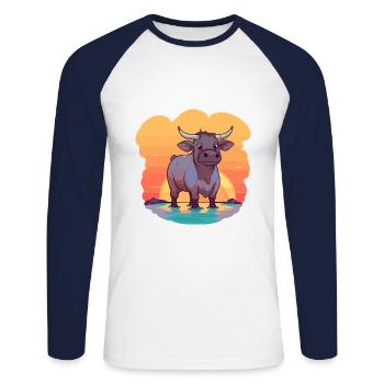 Taureau drôle dessin animé Kawaii plage Illustration - T-shirt baseball manches longues Homme - blanc/marine - Devant - Nik (191cm)