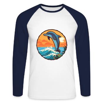 Dolphin Funny Cartoon Kawaii Beach Illustration - Unisex Long Sleeve Baseball T-Shirt - white/navy - Front - Nik (191cm)
