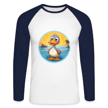 Canard drôle dessin animé Kawaii plage Illustration - T-shirt baseball manches longues Homme - blanc/marine - Devant - Nik (191cm)