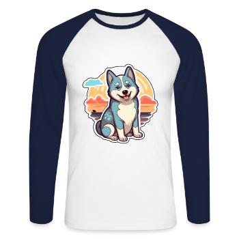Husky chien drôle dessin animé kawaii plage illustration - T-shirt baseball manches longues Homme - blanc/marine - Devant - Nik (191cm)