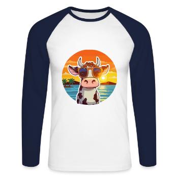 Vache Drôle Dessin Animé Kawaii Plage Illustration - T-shirt baseball manches longues Homme - blanc/marine - Devant - Nik (191cm)