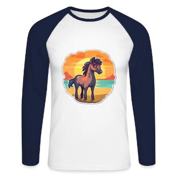 Pferd, lustig, Karikatur, Kawaii, Strand, Illustration - Unisex Baseballshirt langarm - Weiß/Navy - Vorne - Nik (191cm)