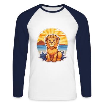 Lion Funny Cartoon Kawaii Beach Illustration - Unisex Long Sleeve Baseball T-Shirt - white/navy - Front - Nik (191cm)