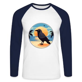 Crow Funny Cartoon Kawaii Beach Illustration - Unisex Long Sleeve Baseball T-Shirt - white/navy - Front - Nik (191cm)