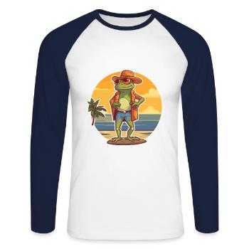 Grenouille drôle de dessin animé kawaii plage illustration - T-shirt baseball manches longues Homme - blanc/marine - Devant - Nik (191cm)