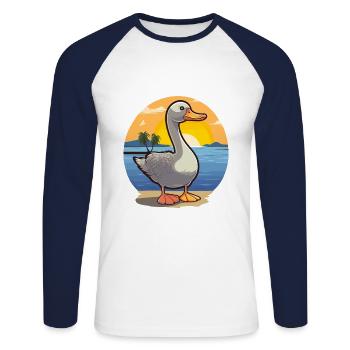 Goose Funny Cartoon Kawaii Beach Illustration - Unisex Long Sleeve Baseball T-Shirt - white/navy - Front - Nik (191cm)