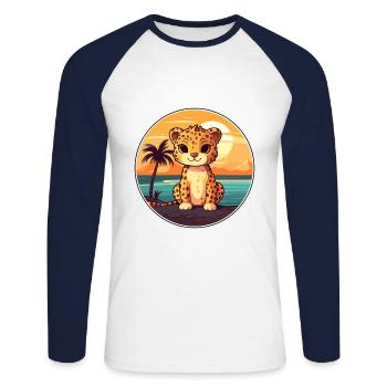 Jaguar drôle de dessin animé kawaii plage illustration - T-shirt baseball manches longues Homme - blanc/marine - Devant - Nik (191cm)