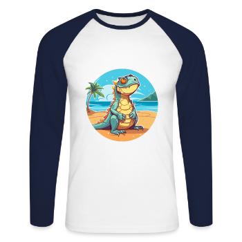 Iguana Funny Cartoon Kawaii Beach Illustration - Unisex Long Sleeve Baseball T-Shirt - white/navy - Front - Nik (191cm)