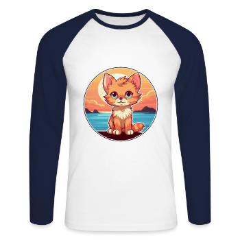 Kitten Funny Cartoon Kawaii Beach Illustration - Unisex Long Sleeve Baseball T-Shirt - white/navy - Front - Nik (191cm)