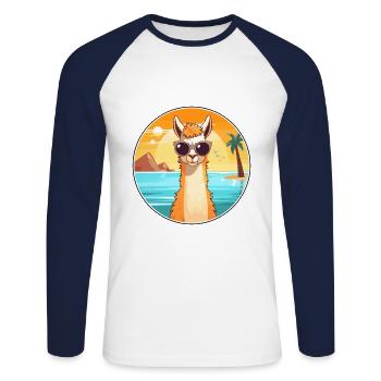 Llama Funny Cartoon Kawaii Beach Illustration - Unisex Long Sleeve Baseball T-Shirt - white/navy - Front - Nik (191cm)