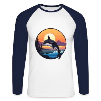 Orca Funny Cartoon Kawaii Beach Illustration - Unisex Long Sleeve Baseball T-Shirt - white/navy - Front - Nik (191cm)