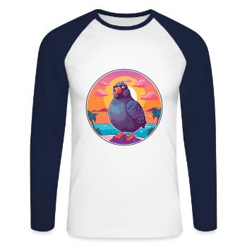 Pigeon drôle de dessin animé kawaii plage illustration - T-shirt baseball manches longues Homme - blanc/marine - Devant - Nik (191cm)