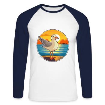 Seagull Funny Cartoon Kawaii Beach Illustration - Unisex Long Sleeve Baseball T-Shirt - white/navy - Front - Nik (191cm)