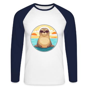 Siegel Lustige Karikatur Kawaii Strand Illustration - Unisex Baseballshirt langarm - Weiß/Navy - Vorne - Nik (191cm)