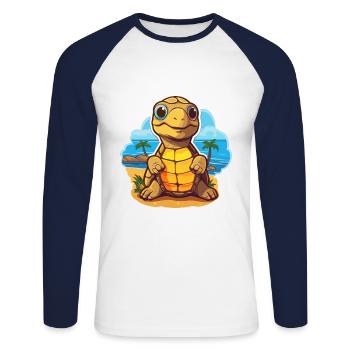 Sea Turtle Funny Cartoon Kawaii Beach Illustration - Unisex Long Sleeve Baseball T-Shirt - white/navy - Front - Nik (191cm)