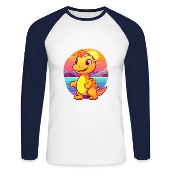 Dinosaur Funny Cartoon Kawaii Beach Illustration - Unisex Long Sleeve Baseball T-Shirt - white/navy - Front - Nik (191cm)