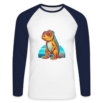 Chameleon Funny Cartoon Kawaii Beach Illustration - Unisex Long Sleeve Baseball T-Shirt - white/navy - Front - Nik (191cm)