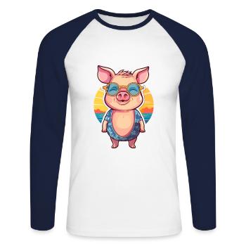Pig Funny Cartoon Kawaii Beach Illustration - Unisex Long Sleeve Baseball T-Shirt - white/navy - Front - Nik (191cm)