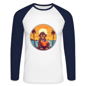 Babouin Mignon Drôle Dessin Animé Kawaii Livre Plage - T-shirt baseball manches longues Homme - blanc/marine - Devant - Nik (191cm)