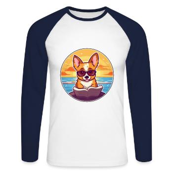 Corgi Dog Cute Funny Cartoon Kawaii Book Beach - Unisex Long Sleeve Baseball T-Shirt - white/navy - Front - Nik (191cm)