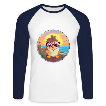 Poussin Mignon Drôle Dessin Animé Kawaii Livre Plage - T-shirt baseball manches longues Homme - blanc/marine - Devant - Nik (191cm)
