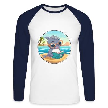 Delfin Niedlich Lustige Karikatur Kawaii Buch Strand - Unisex Baseballshirt langarm - Weiß/Navy - Vorne - Nik (191cm)