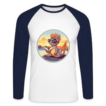 Drache Niedlicher lustiger Cartoon Kawaii Buchstrand - Unisex Baseballshirt langarm - Weiß/Navy - Vorne - Nik (191cm)