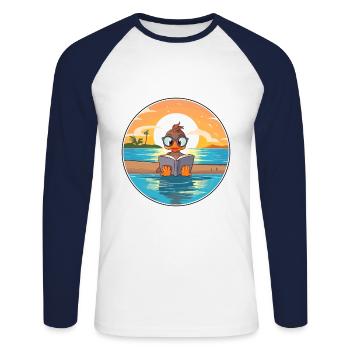 Canard Mignon Dessin Animé Drôle Kawaii Livre Plage - T-shirt baseball manches longues Homme - blanc/marine - Devant - Nik (191cm)