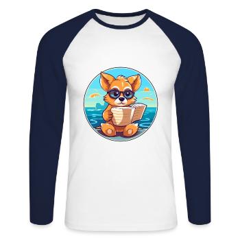 Chien Mignon Drôle Dessin Animé Kawaii Livre Plage - T-shirt baseball manches longues Homme - blanc/marine - Devant - Nik (191cm)