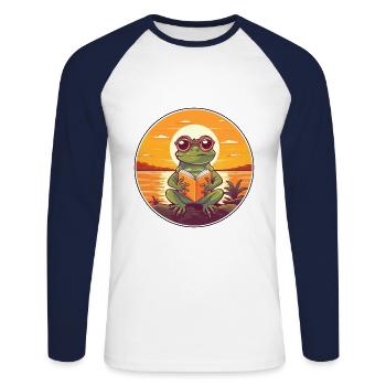 Frosch Niedlich Lustige Karikatur Kawaii Buch Strand - Unisex Baseballshirt langarm - Weiß/Navy - Vorne - Nik (191cm)