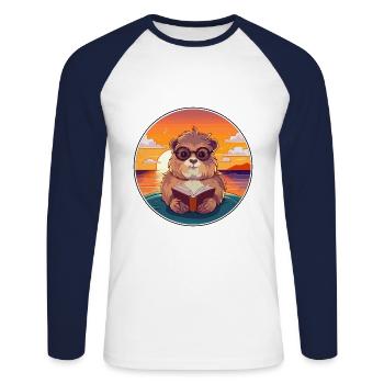 Cochon d’Inde Mignon Drôle Dessin Animé Kawaii Livre Plage - T-shirt baseball manches longues Homme - blanc/marine - Devant - Nik (191cm)