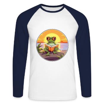 Frosch-niedlicher lustiger Karikatur-Kawaii-Buch-Strand - Unisex Baseballshirt langarm - Weiß/Navy - Vorne - Nik (191cm)