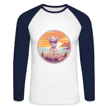 Chèvre Mignon Drôle Dessin Animé Kawaii Livre Plage - T-shirt baseball manches longues Homme - blanc/marine - Devant - Nik (191cm)