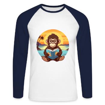 Affe Niedliche Lustige Karikatur Kawaii Buch Strand - Unisex Baseballshirt langarm - Weiß/Navy - Vorne - Nik (191cm)
