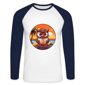 Eulen-niedlicher lustiger Cartoon Kawaii-Buch-Strand - Unisex Baseballshirt langarm - Weiß/Navy - Vorne - Nik (191cm)