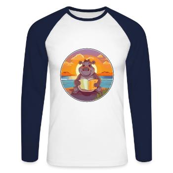 Nilpferd, niedlich, lustig, Cartoon, Kawaii, Buch, Strand - Unisex Baseballshirt langarm - Weiß/Navy - Vorne - Nik (191cm)