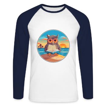Eule Niedliche Lustige Karikatur Kawaii Buch Strand - Unisex Baseballshirt langarm - Weiß/Navy - Vorne - Nik (191cm)