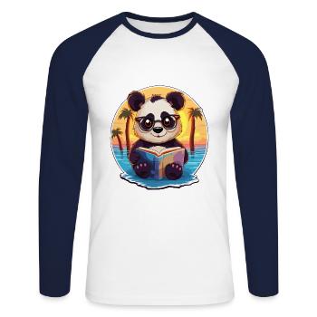 Panda Mignon Drôle Dessin Animé Kawaii Livre Plage - T-shirt baseball manches longues Homme - blanc/marine - Devant - Nik (191cm)