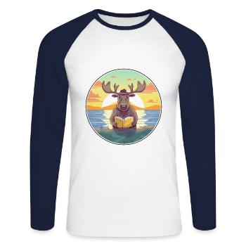 Elch Niedliche Lustige Karikatur Kawaii Buch Strand - Unisex Baseballshirt langarm - Weiß/Navy - Vorne - Nik (191cm)