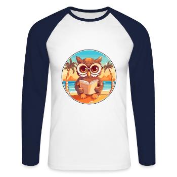 Eule Niedliche Lustige Karikatur Kawaii Buch Strand - Unisex Baseballshirt langarm - Weiß/Navy - Vorne - Nik (191cm)