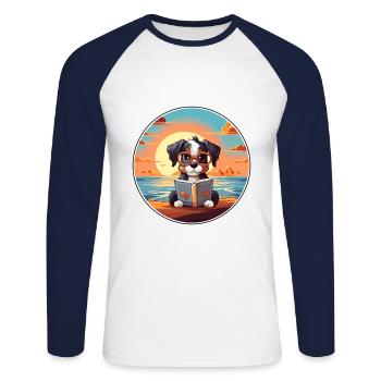 Poode Chien Mignon Drôle Dessin Animé Kawaii Livre Plage - T-shirt baseball manches longues Homme - blanc/marine - Devant - Nik (191cm)