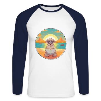 Schaf-niedlicher lustiger Cartoon-Kawaii-Buch-Strand - Unisex Baseballshirt langarm - Weiß/Navy - Vorne - Nik (191cm)