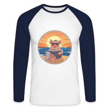 Cochon Mignon Drôle Dessin Animé Kawaii Livre Plage - T-shirt baseball manches longues Homme - blanc/marine - Devant - Nik (191cm)