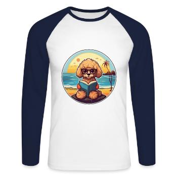 Pudel Niedlich Lustige Karikatur Kawaii Buch Strand - Unisex Baseballshirt langarm - Weiß/Navy - Vorne - Nik (191cm)