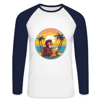 Affe-niedlicher lustiger Cartoon Kawaii-Buch-Strand - Unisex Baseballshirt langarm - Weiß/Navy - Vorne - Nik (191cm)