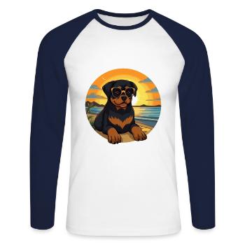 Rottweiler Chien Drôle De Dessin Animé Kawaii Livre Plage - T-shirt baseball manches longues Homme - blanc/marine - Devant - Nik (191cm)