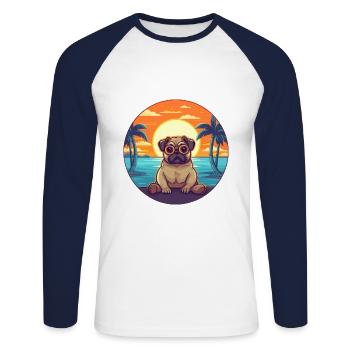Mops-Hund-niedlicher lustiger Cartoon-Kawaii-Buch-Strand - Unisex Baseballshirt langarm - Weiß/Navy - Vorne - Nik (191cm)
