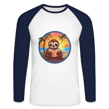Faultier, niedlich, lustig, Cartoon, Kawaii, Buch, Strand - Unisex Baseballshirt langarm - Weiß/Navy - Vorne - Nik (191cm)