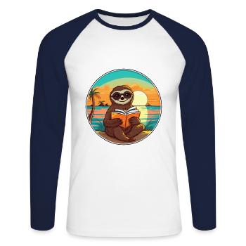 Faultier, niedlich, lustig, Cartoon, Kawaii, Buch, Strand - Unisex Baseballshirt langarm - Weiß/Navy - Vorne - Nik (191cm)